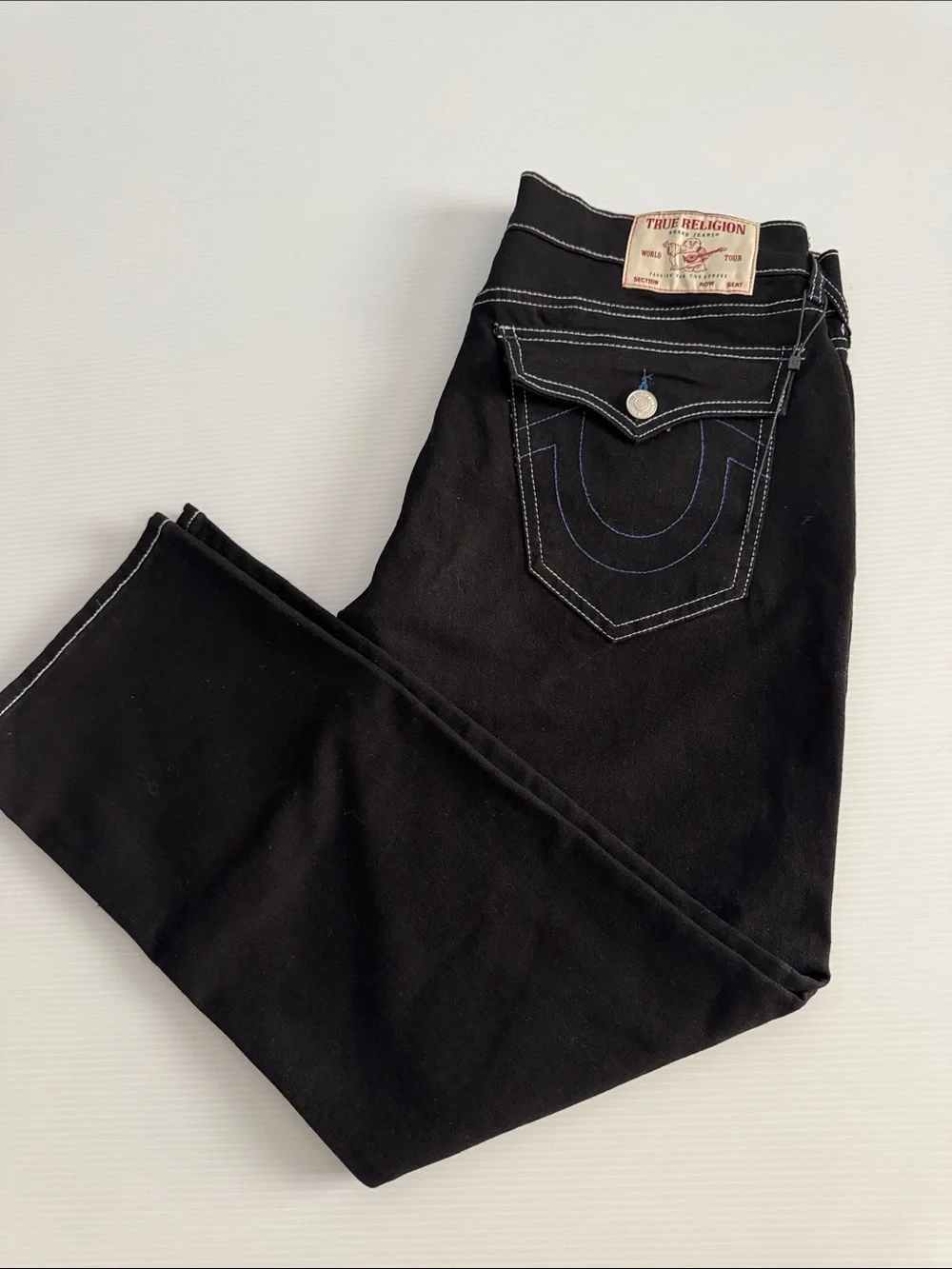True Religion Men’s Black Straight Jeans with Contrast Stitching